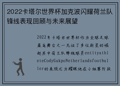 2022卡塔尔世界杯加克波闪耀荷兰队锋线表现回顾与未来展望